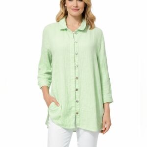 Lulu-B Women’s Large Button Front Crinkle 100% Cotton Tunic Shirt Green Roll Tab